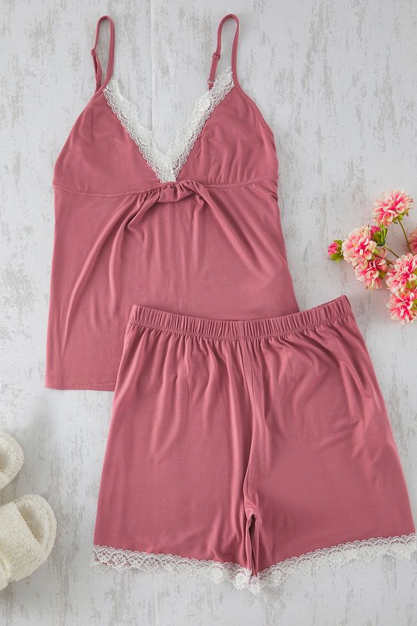 Trendyol Trendyol Curve Dusty Rose V Neck Lace Detail Viscose Knitted Pajama Set