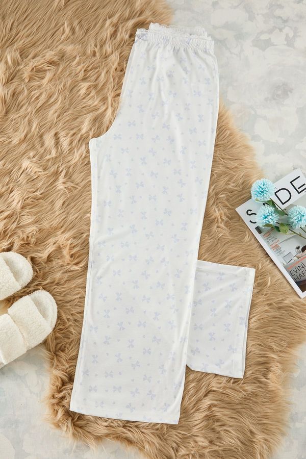 Trendyol Trendyol Curve Ecru-Blue Ribbon Patterned Lace Knitted Pajama Bottoms