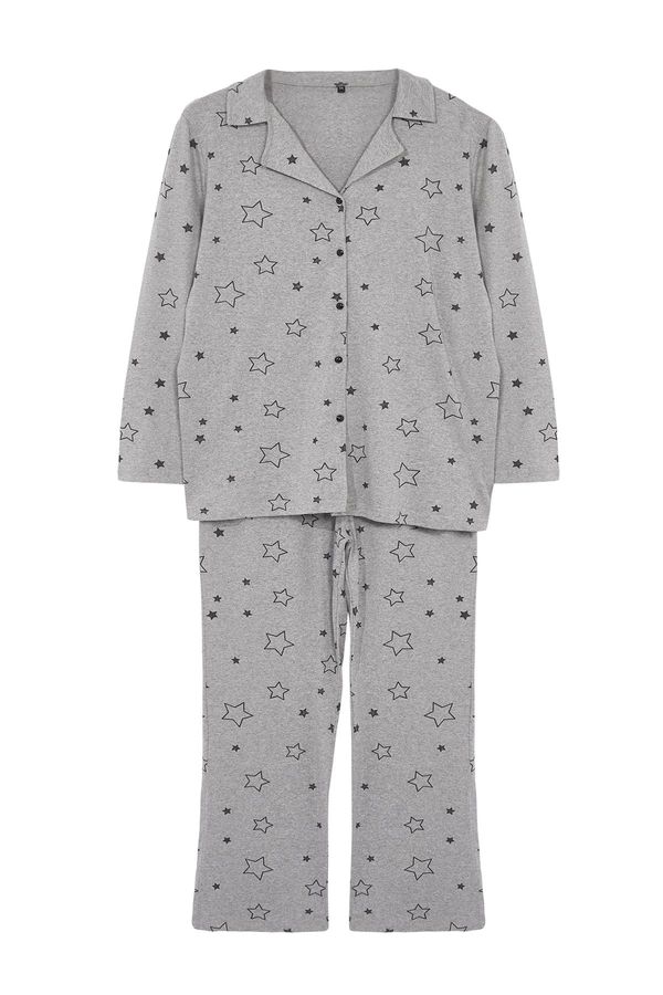 Trendyol Trendyol Curve Gray Melange Star Patterned Shirt Collar Knitted Pajama Set