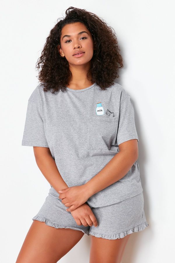 Trendyol Trendyol Curve Gray Single Jersey Knitted Plus Size Pajamas Set