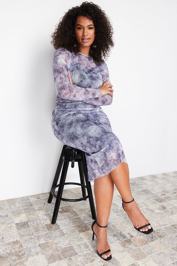 Trendyol Trendyol Curve Gray Tulle Patterned Midi Knitted Dress