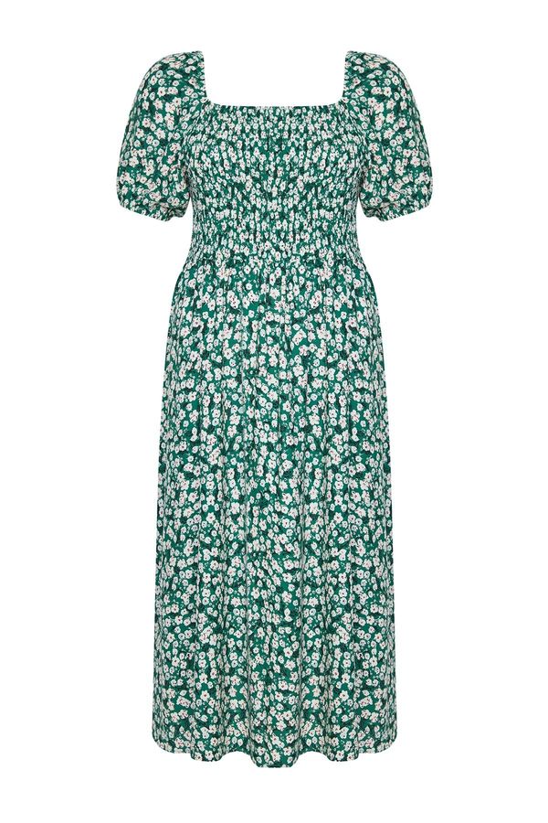 Trendyol Trendyol Curve Green Floral Patterned Woven Chest Dress