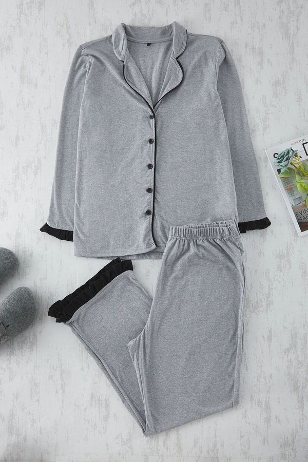 Trendyol Trendyol Curve Grey Melange Shirt Collar Flounce Detailed Knitted Pajama Set