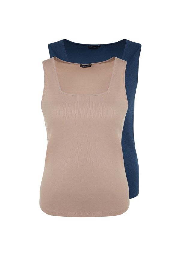 Trendyol Trendyol Curve Mink-Indigo Basic Corded 2-Pack Square Collar Knitted Tank Top