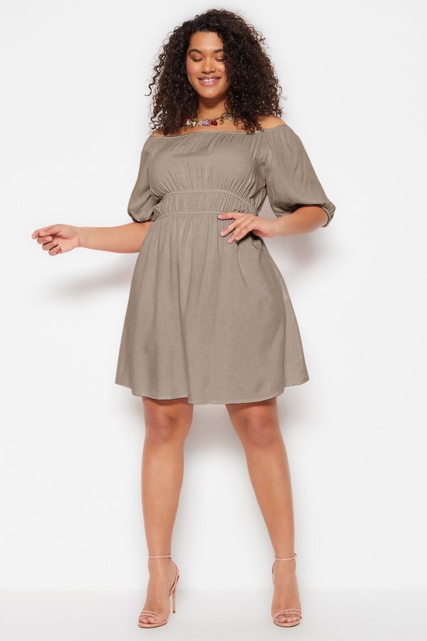 Trendyol Trendyol Curve Mink Woven Carmen Collar Waist Detailed Dress