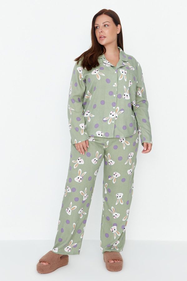 Trendyol Trendyol Curve Mint Rabbit Printed Woven Pajamas Set