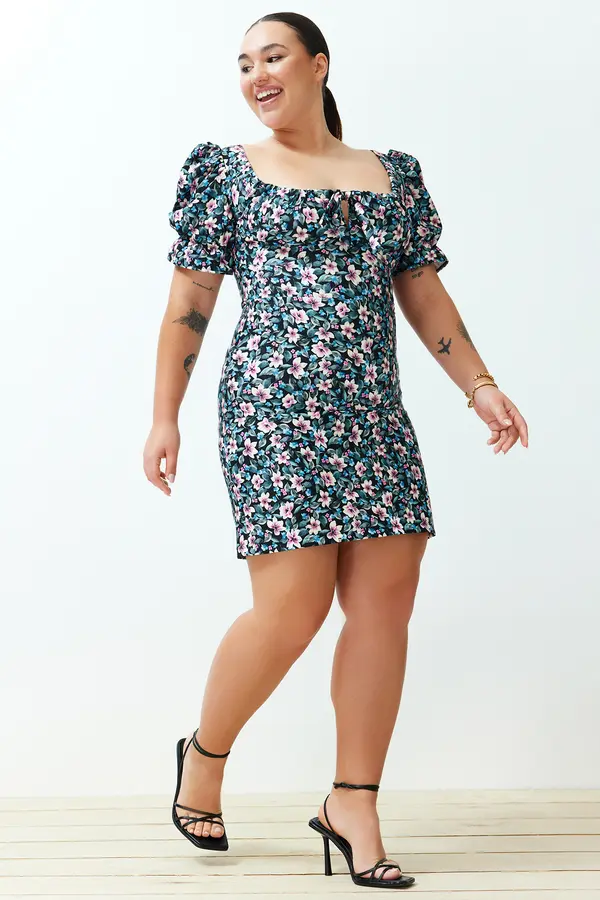 Trendyol Trendyol Curve Multicolored Floral Balloon Sleeve Mini/Short Length Woven Dress