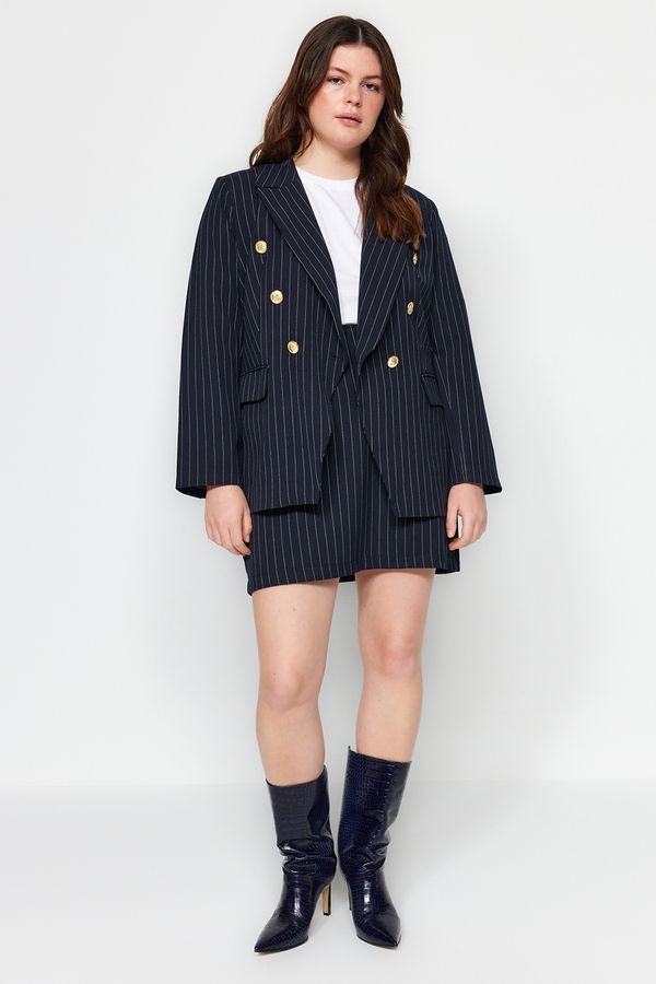 Trendyol Trendyol Curve Navy Blue Striped Button Detailed Woven Jacket