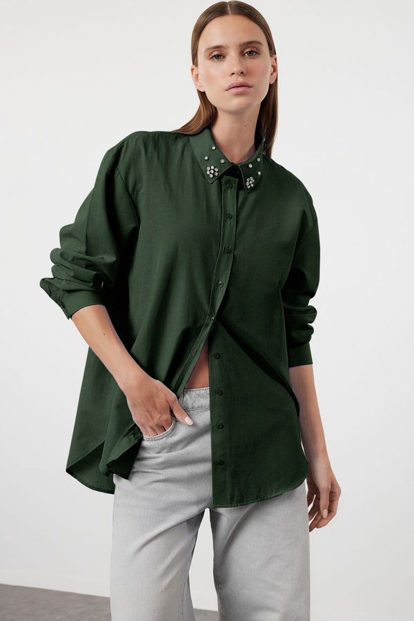 Trendyol Trendyol Dark Green Oversize Woven Shirt with Stone Detail on Collar