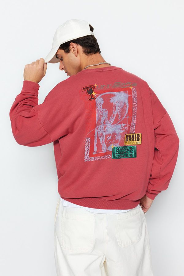 Trendyol Trendyol Dusty Rose Oversize/Wide Cut Distressed/Faded Effect Back Printed Cotton Sweatshirt
