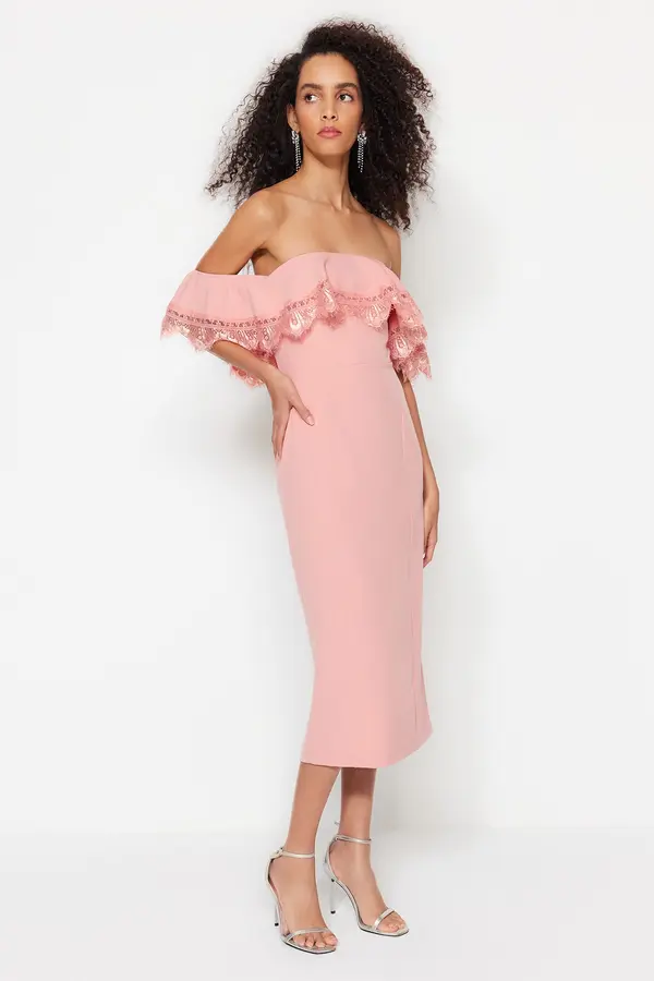 Trendyol Trendyol Dusty Rose, uklopljena tkana flounce elegantna večernja haljina