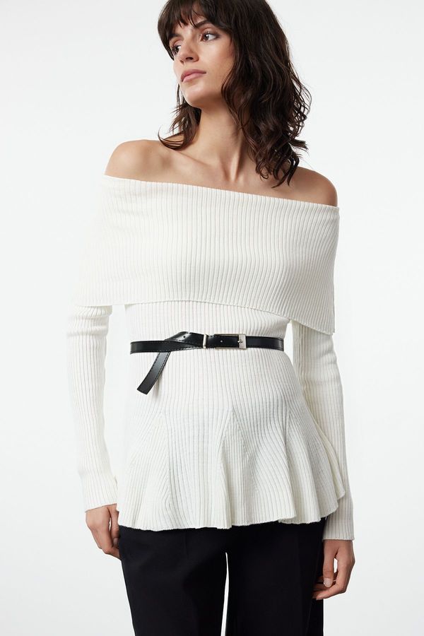 Trendyol Trendyol Ecru Belted Carmen Collar Knitwear Sweater