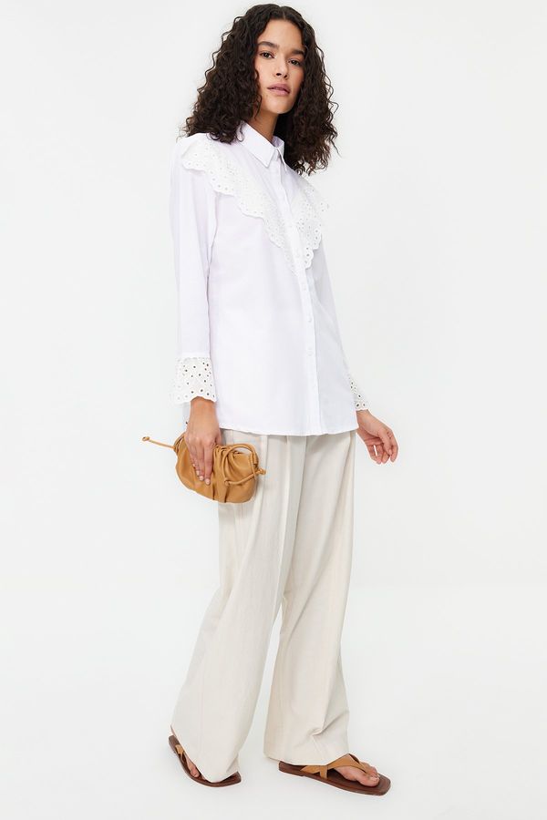 Trendyol Trendyol Ecru Brode Detail Cotton Woven Shirt