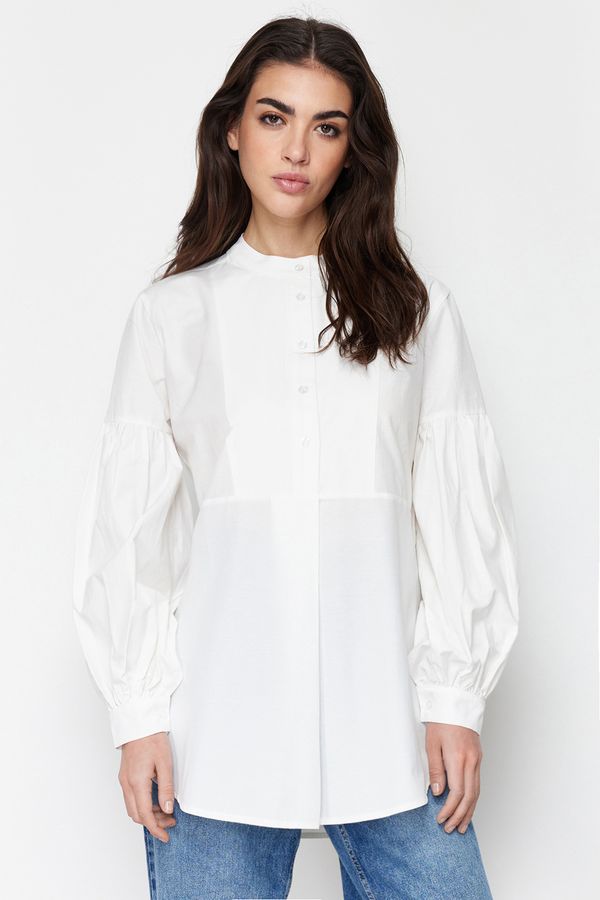 Trendyol Trendyol Ecru Comfortable Fit Cotton Woven Tunic Shirt