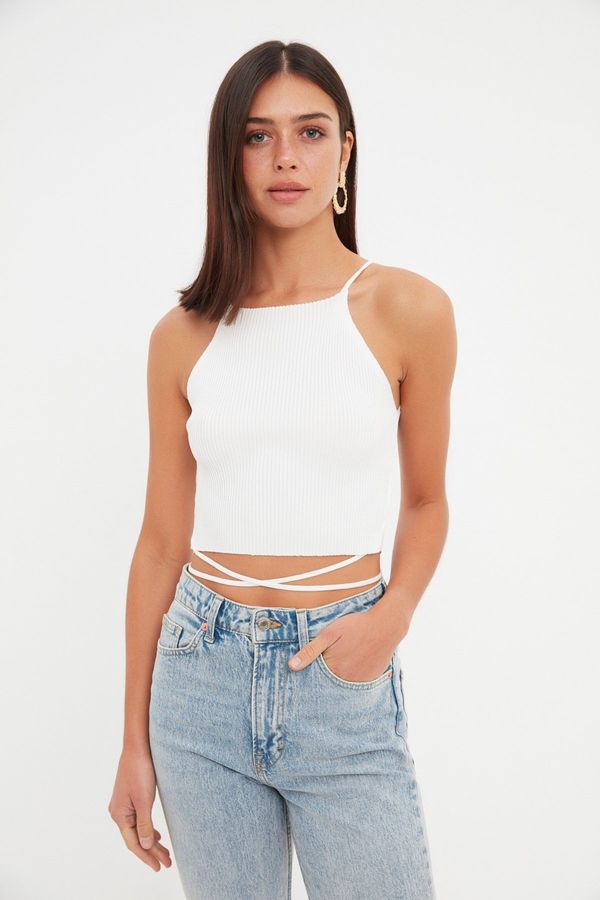 Trendyol Trendyol Ecru Crop Tie Detailed Knitwear Blouse