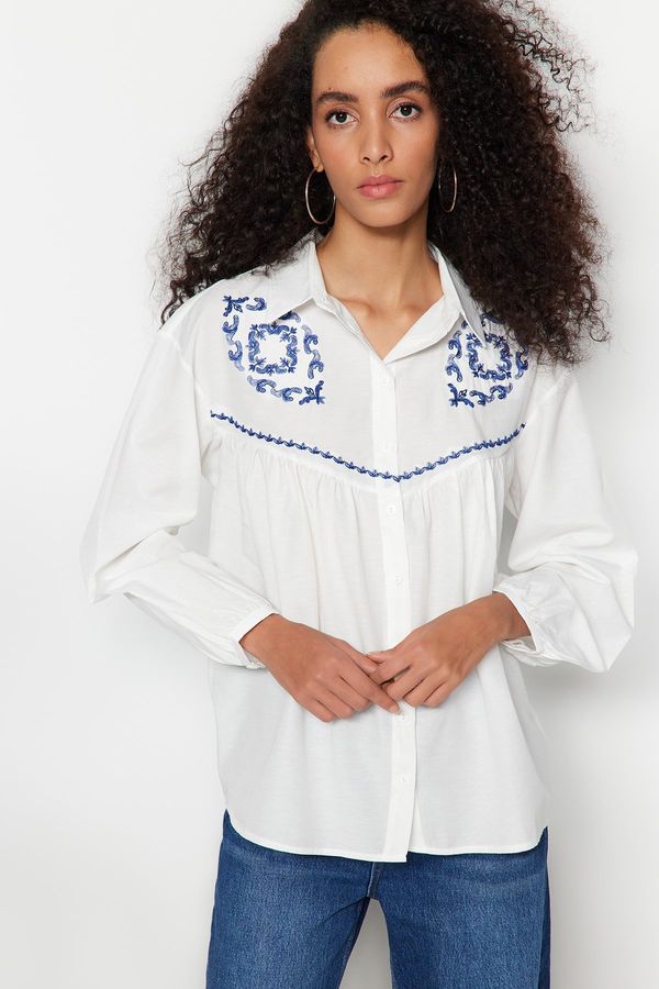 Trendyol Trendyol Ecru Embroidered Cotton Woven Shirt