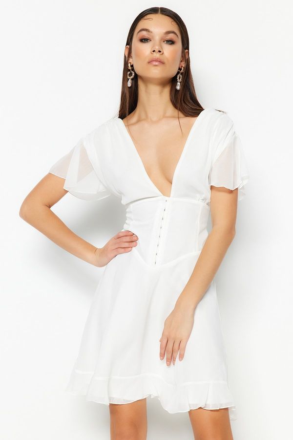 Trendyol Trendyol Ecru otvoreni struk / klizač obložena šifonska svadbena večernja haljina večernja haljina