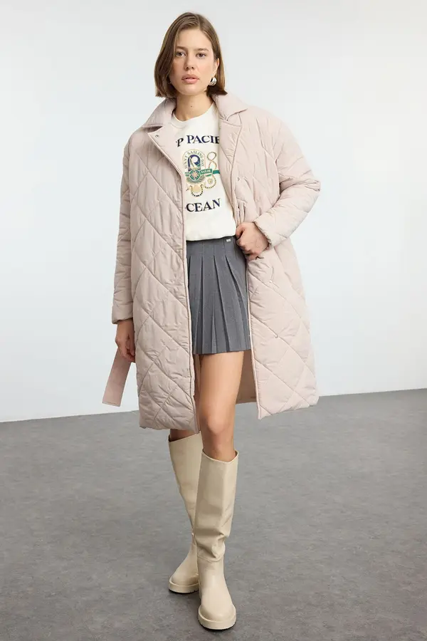 Trendyol Trendyol Ecru Oversize Belted Long Quilted Puffer Coat