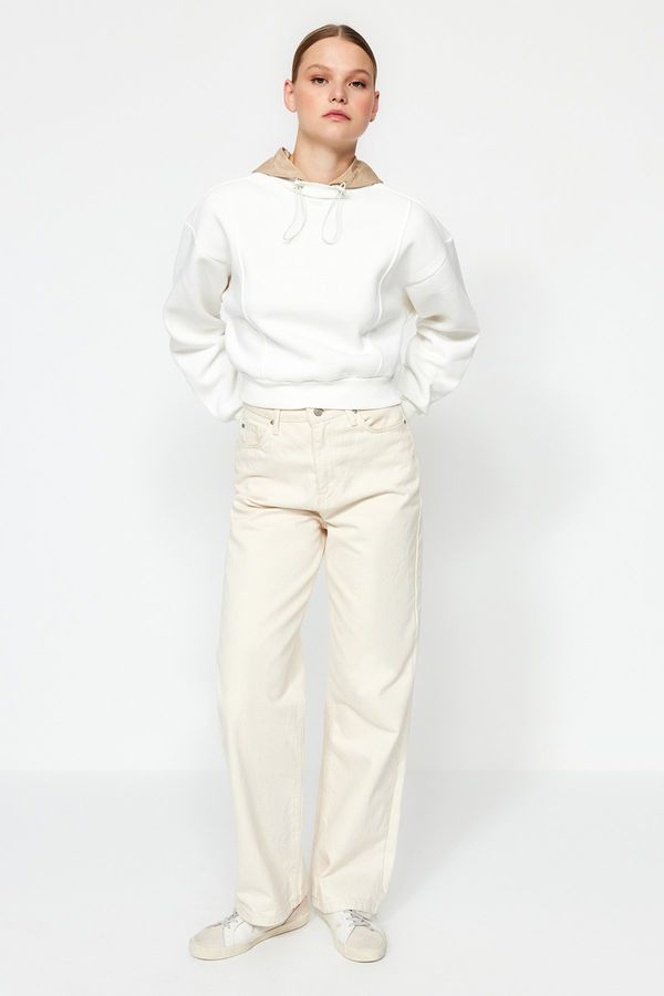 Trendyol Trendyol Ecru Thick Fleece Parachute Hooded Relaxed Cut Crop Knitted Sweatshirt