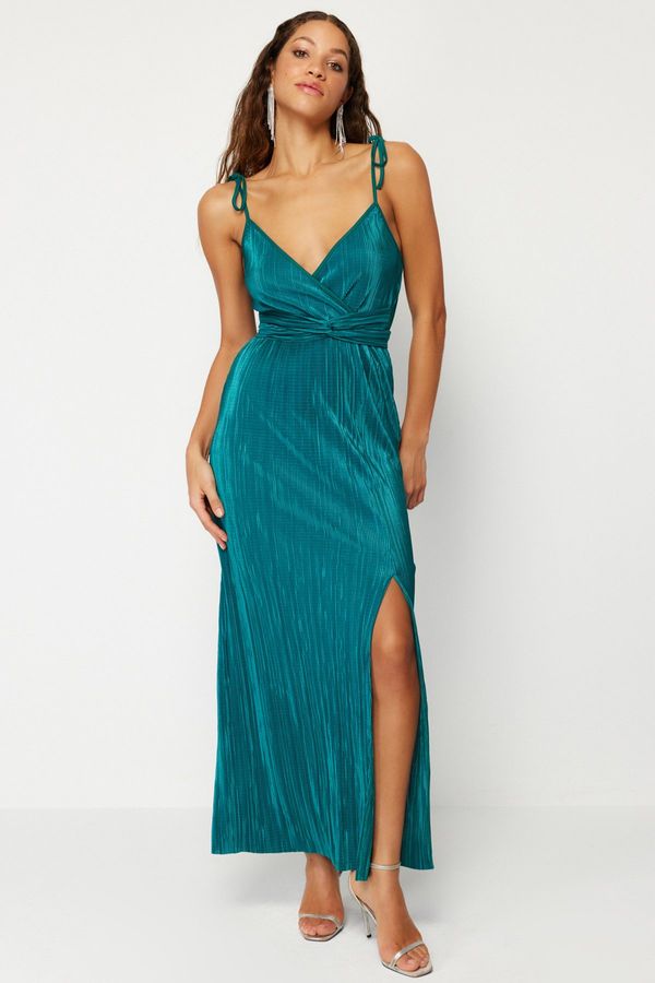 Trendyol Trendyol Emerald Green Belted Waist Open/Skater Knitted Lined Pleated Elegant Evening Dress