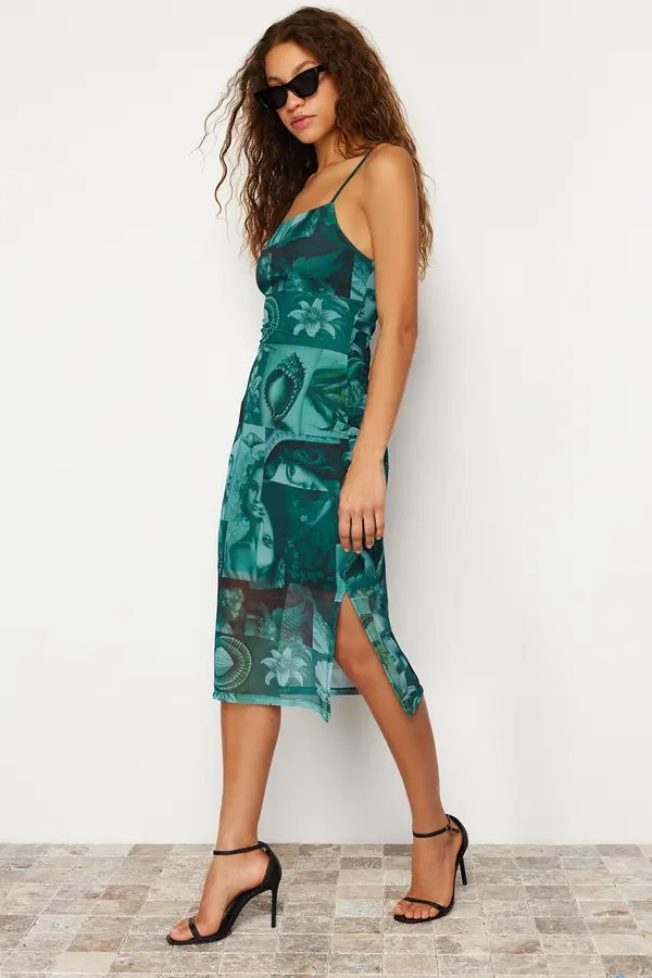 Trendyol Trendyol Emerald Green Strap Fitted Square Neck Tulle Stretchy Knitted Midi Pencil Dress