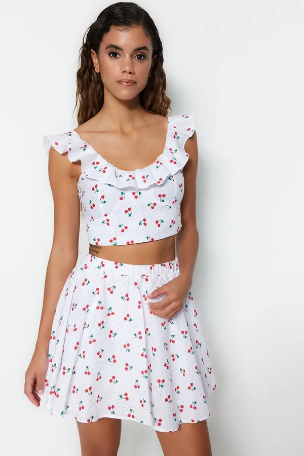 Trendyol Trendyol Fruit Patterned Woven Ruffled 100% Cotton Blouse and Skirt Suit