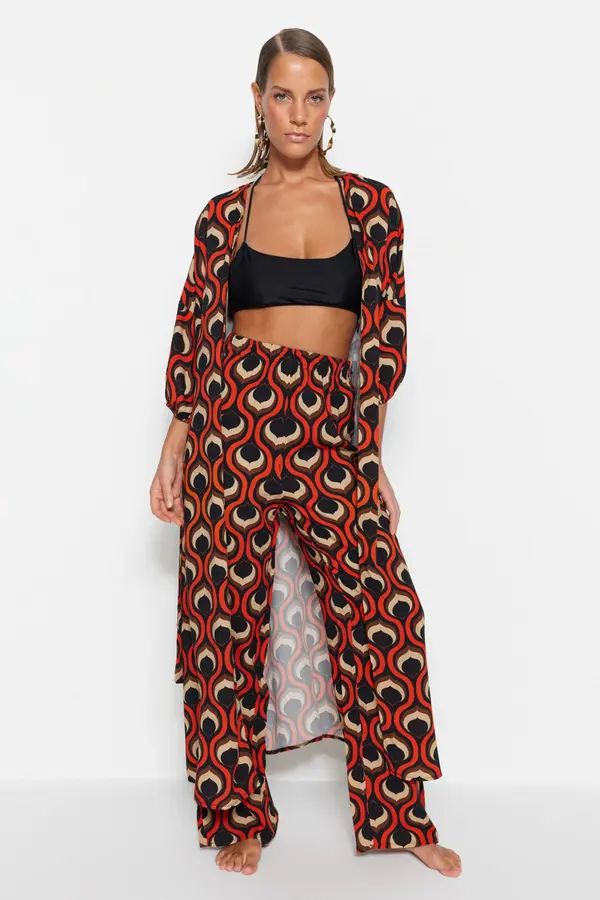 Trendyol Trendyol Geometric Patterned Belted Maxi Woven Balloon Sleeve Kimono & Kaftan