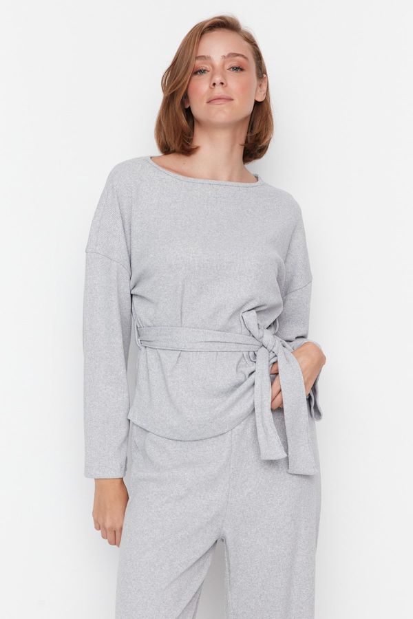 Trendyol Trendyol Gray Sash Detail Ribbed Wide Fit Knitted Pajamas Set
