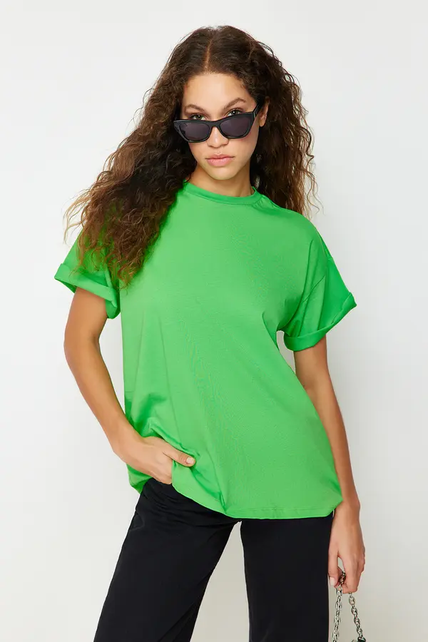 Trendyol Trendyol Green 100% Cotton Crew Neck Oversize/Wide Pattern Knitted T-Shirt