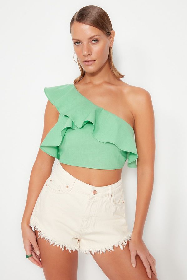 Trendyol Trendyol Green Crop Woven Flounce One Shoulder 100% Cotton Blouse