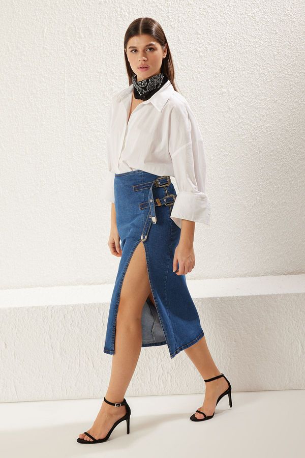 Trendyol Trendyol High Waist Midi Denim Skirt with Blue Slit Belt Accessories