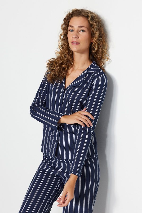 Trendyol Trendyol Indigo 100% Cotton Striped Shirt-Pants Knitted Pajamas Set