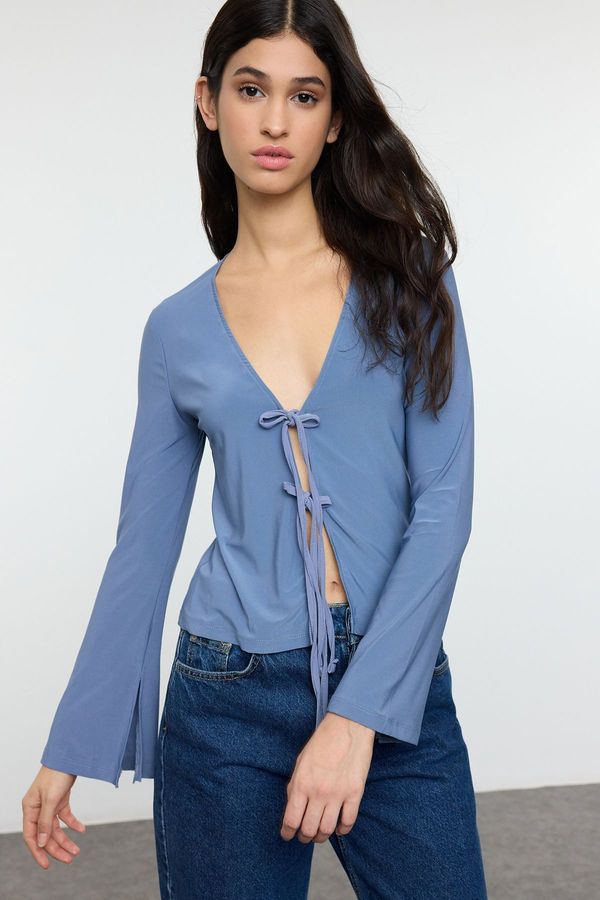 Trendyol Trendyol Indigo Body-fitting Regular/Normal Pattern with Binding Detail Stretchy Knitted Blouse