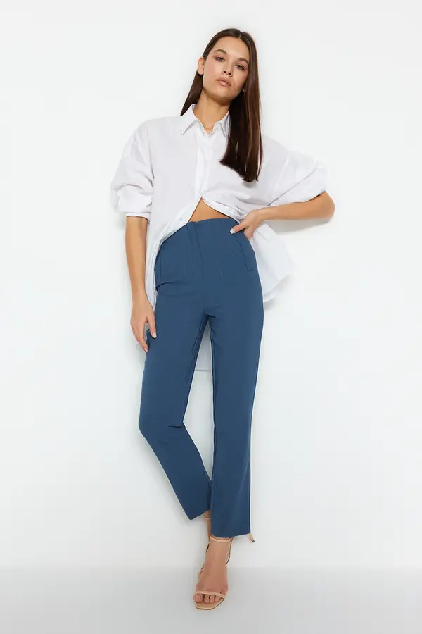 Trendyol Trendyol Indigo Cigarette Pattern Darted High Waist Ankle Length Woven Fabric Trousers