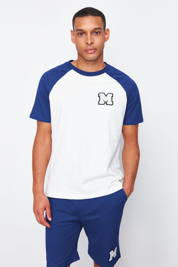 Trendyol Trendyol Indigo Ecru Embroidered Raglan Sleeve Knitted Pajama Set with Shorts