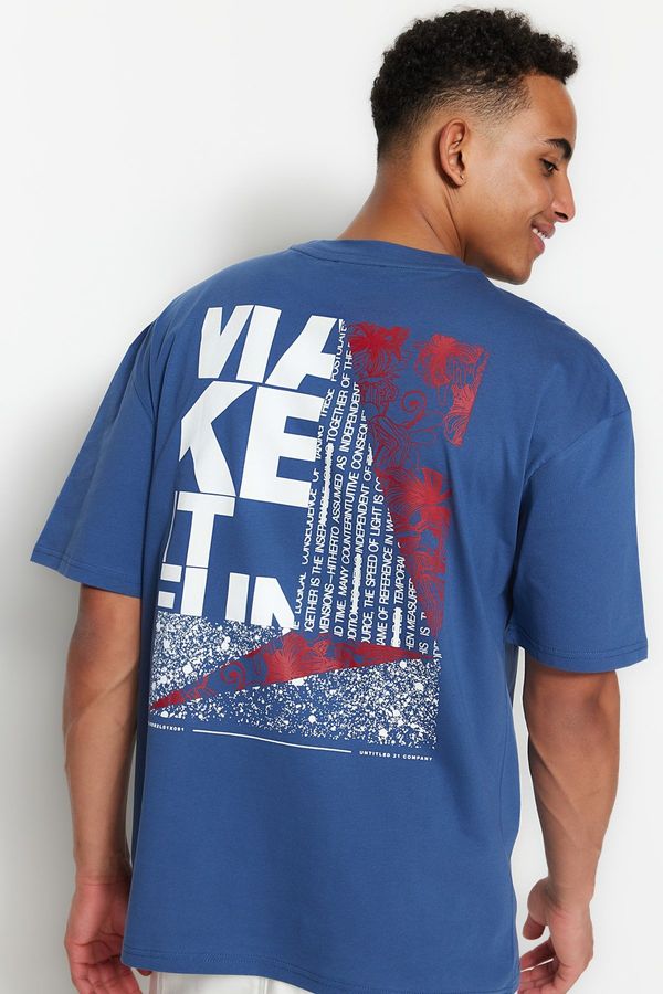 Trendyol Trendyol Indigo muška opuštena majica kratkih rukava za vrat