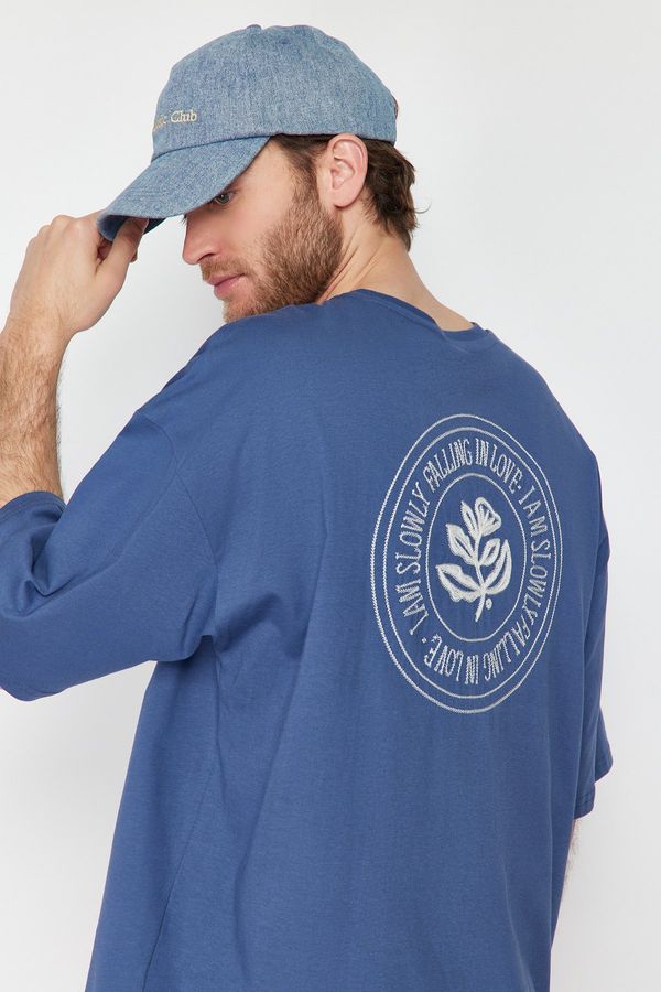 Trendyol Trendyol Indigo Oversize Embroidered 100% Cotton T-Shirt