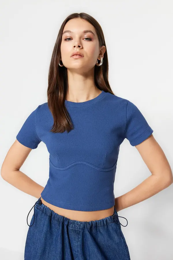 Trendyol Trendyol Indigo Pile Detailed Crew Neck Crop Corduroy Knitted Stretch Blouse