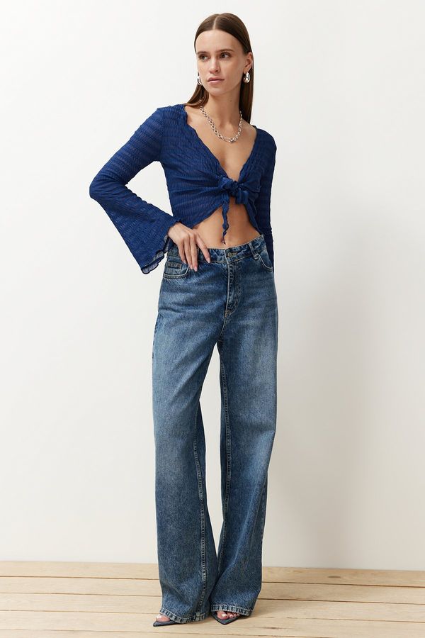 Trendyol Trendyol Indigo Premium Textured Fitted Stretchy Knitted Blouse with Tie Detail