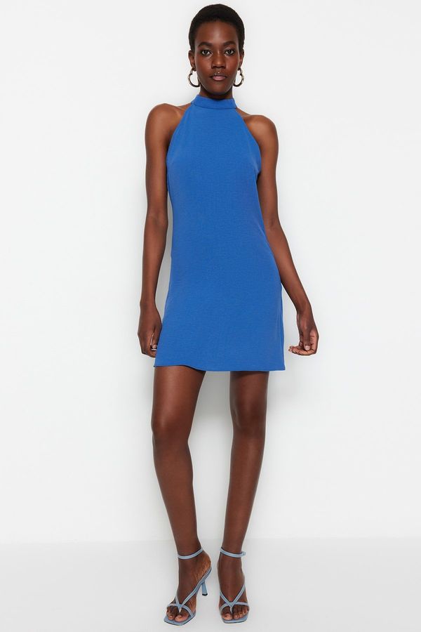 Trendyol Trendyol Indigo ravnog kroja mini tkana haljina s visokim vratom