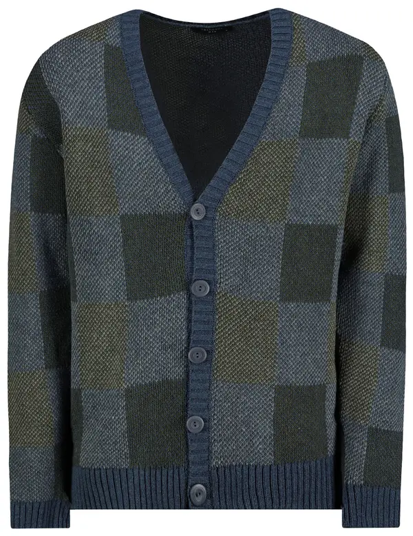 Trendyol Trendyol Indigo Regular Fit V-Neck Plaid Patterned Knitwear Cardigan
