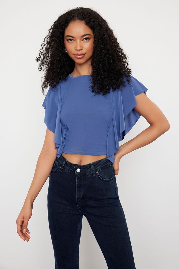 Trendyol Trendyol Indigo Sleeves Ruffle Detailed Crew Neck Stretchy Knitted Blouse