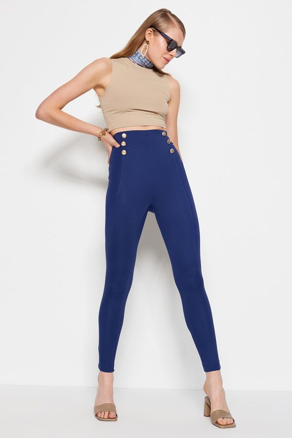 Trendyol Trendyol indigo zlatni gumb detalj konturiranje visokog struka interlock pametne pletene tajice