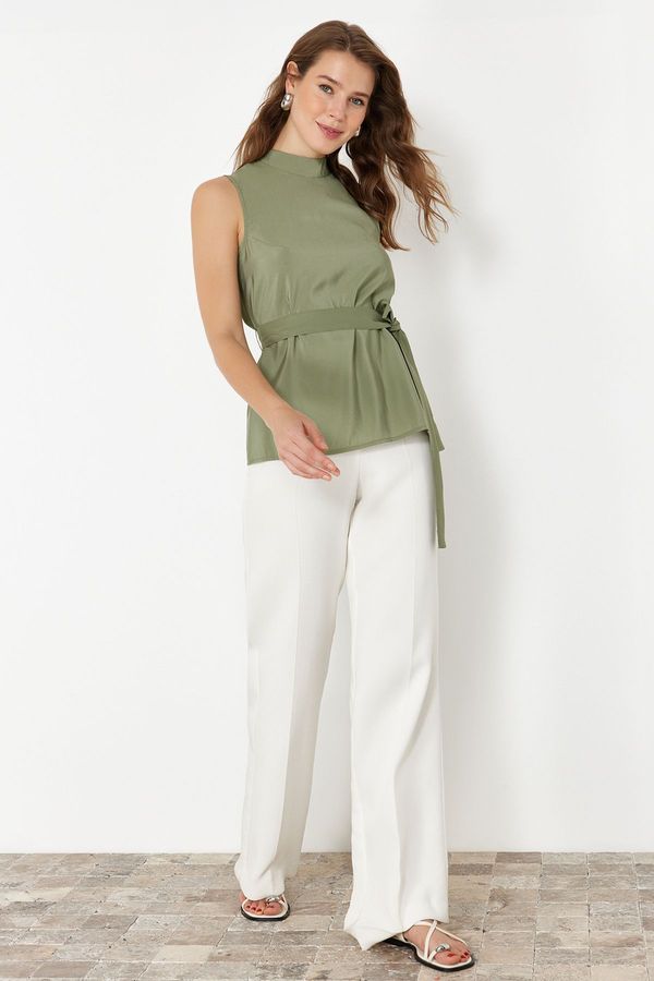 Trendyol Trendyol Khaki Belted Crew Neck Sleeveless Woven Blouse