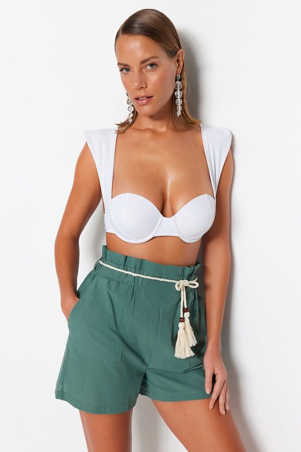 Trendyol Trendyol Khaki Belted Woven Ruffled 100% Cotton Shorts & Bermuda