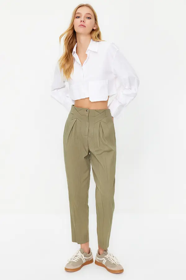 Trendyol Trendyol Khaki Cotton Carrot Pattern Stripe Detail Woven Trousers