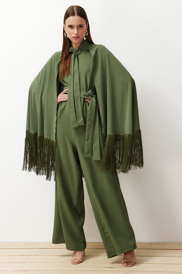 Trendyol Trendyol Khaki Tasseled Cape-Jumpsuit Evening Dress Suit