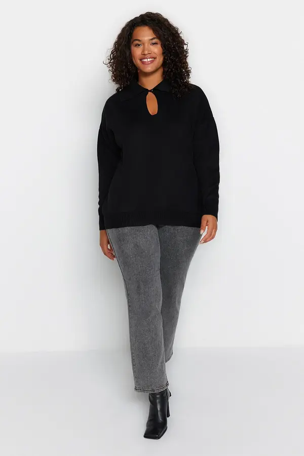 Trendyol Trendyol krivulja crna prednja detaljna pletenina džemper