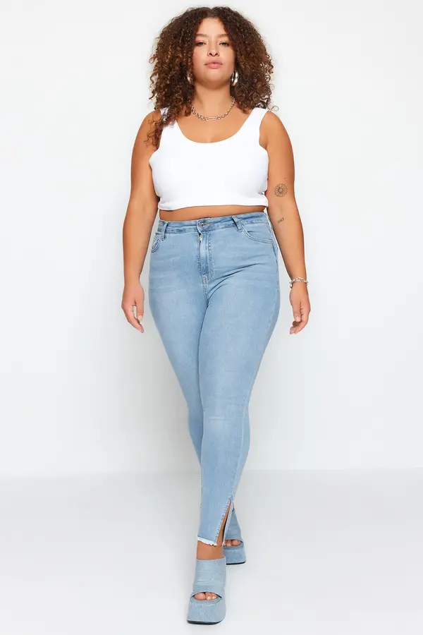 Trendyol Trendyol krivulja svijetloplavi prorez i resica detalj fleksibilne skinny traperice