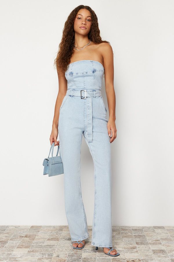 Trendyol Trendyol Light Blue Belt Strapless Denim Jumpsuit